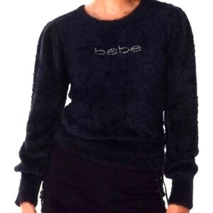 Nwt Bebe Fuzzy Faux Fur Chenille Style Crystal Logo Sweater Bling